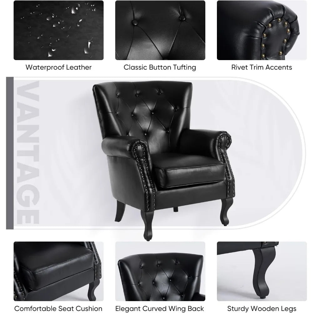 PU Leather Accent Chair, Modern Armchair Living Room Chair, Upholstered Club Chair with Rivet Trim,Mid-Century Sofa Chair