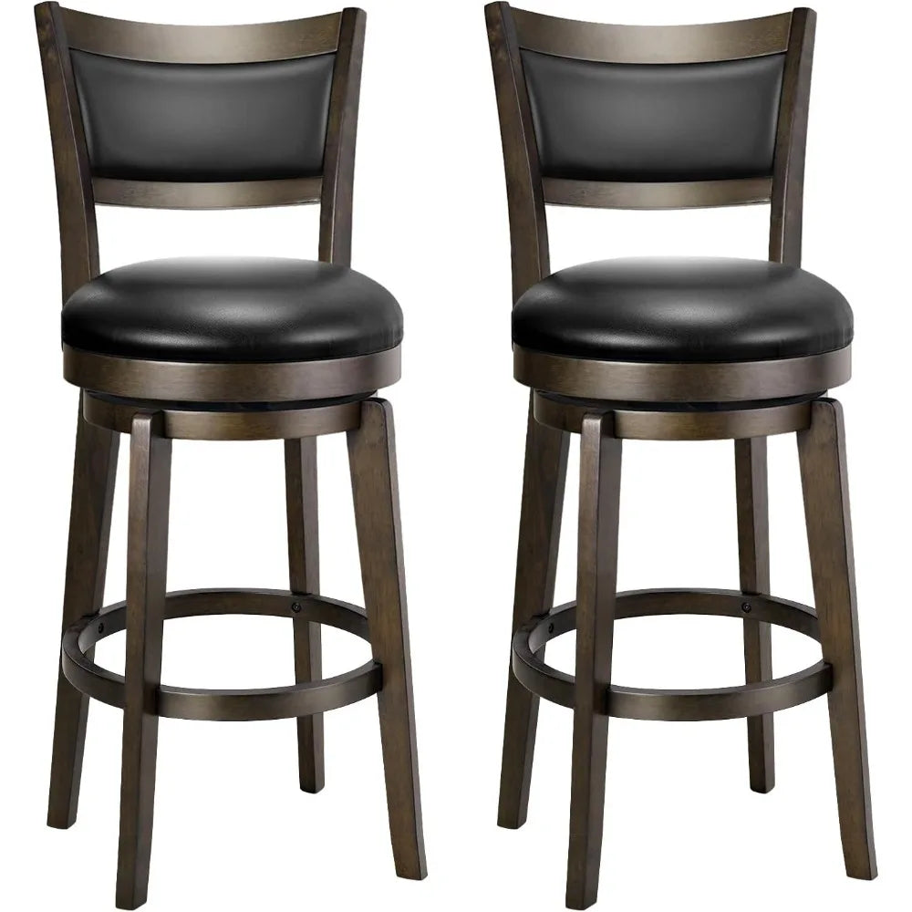 Swivel Bar Stools Set of 2, 26 Inch Counter Height Barstools, Black Faux Leather Bar Stool with High Backrest & Solid Wood Legs