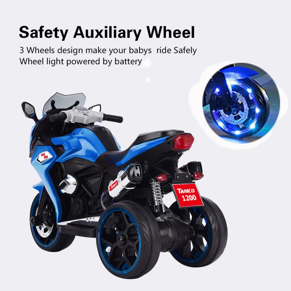 12V Kids Electric Motorcycle Ride On 3-Wheel Battery-Powered Rechargeable Toy Colorful LED Light-Up Wheels Boys Girls Fun Gift