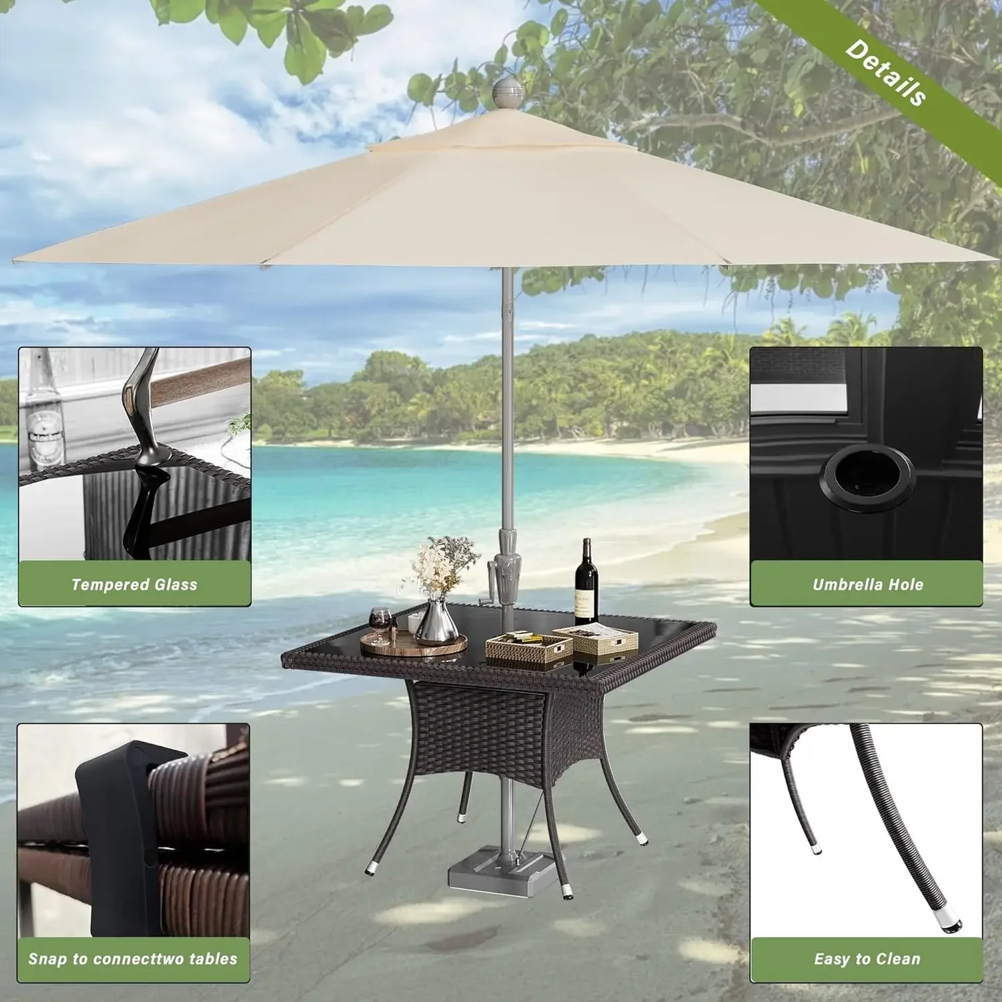 10 Pieces Dining Sets for 8 with Rattan Dining Set Chairs x8 and Square Table Glass Topx2 with Umbrella Cutout, Outdoor