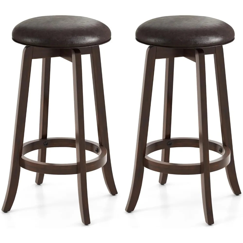 Bar Stools Set of 2, 29" Bar Height Bar Stools w/ 360° Swivel Round Seat & Footrest, Rubber Wood Frame, Upholstered PU L