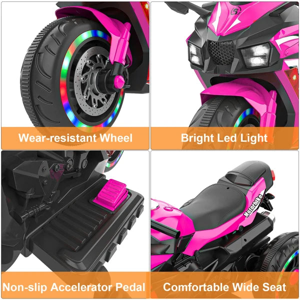 Electric Motorcycle for Kids, 12V Battery Powered Ride on Toys 3 Wheels Motorcycle with LED Lights and Music