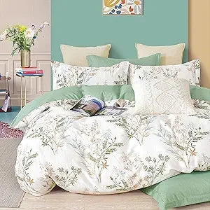 3pcs Botanical Comforter Sets Queen Size-Green Comforter with Luxurious Tan & Gray Leaves on White, Reversible