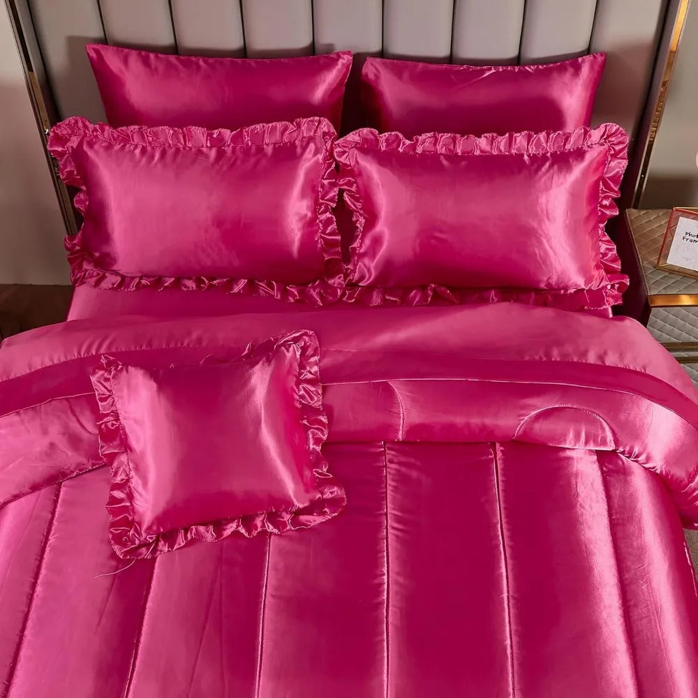 Luxurious Silk-Like Queen Size Satin Bedding Set in Hot Pink with Comforter and Sheets