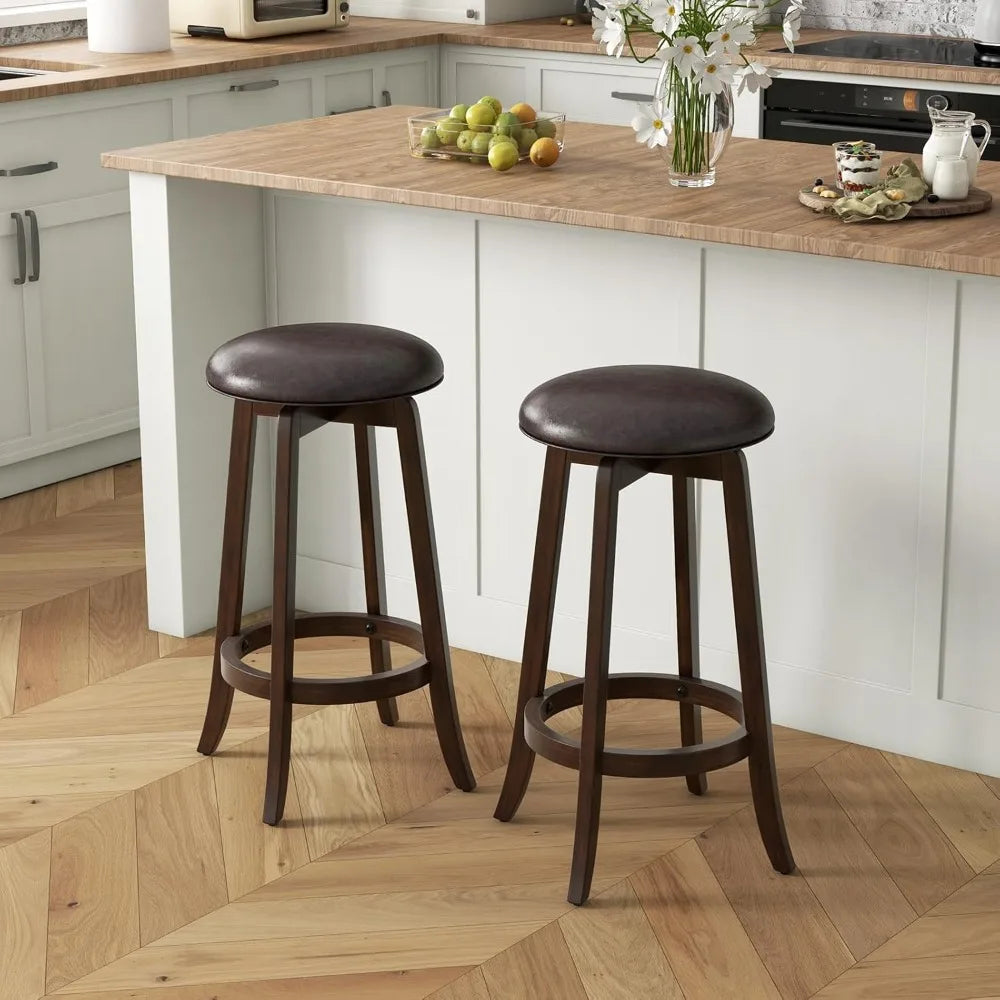 Bar Stools Set of 2, 29" Bar Height Bar Stools w/ 360° Swivel Round Seat & Footrest, Rubber Wood Frame, Upholstered PU L
