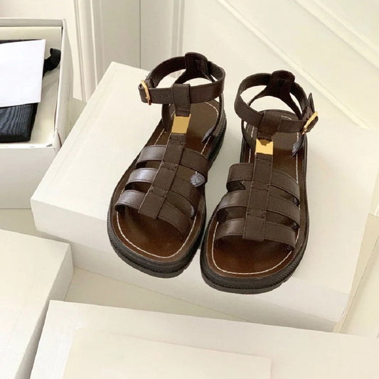 23SS Top Quality Brown Casual Gladiator Platform Heel Sandals Dress Shoes Real Leather Ankle Strap Buckle Luxury Designer Flat