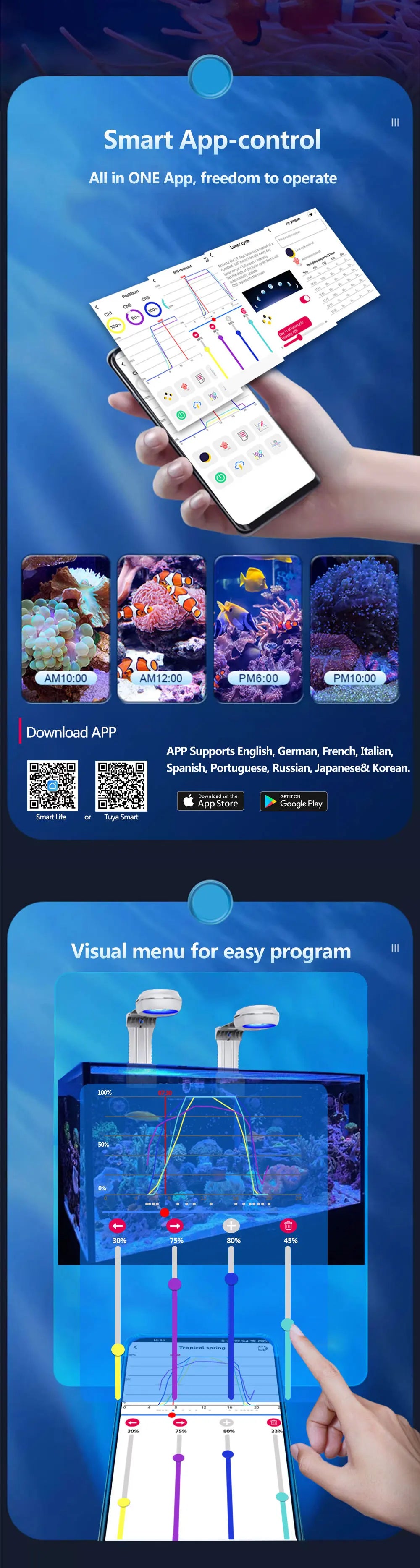PopBloom WiFi Marine Aquarium Light RL60/RL90, Full Spectrum Aquarium Lamp LED For Coral SPS/LPS Nano Tank, Include Arm Mount