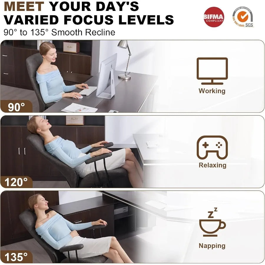 Home Office Desk Chair Ergonomic High Back Leather Computer Chair with Lumbar Support Adjustable Height Recline Swivel Executiv