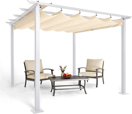 10' x 10' Retractable Pergola Canopy – White Frame & Sun Shade for Backyards, Gardens & Patios
