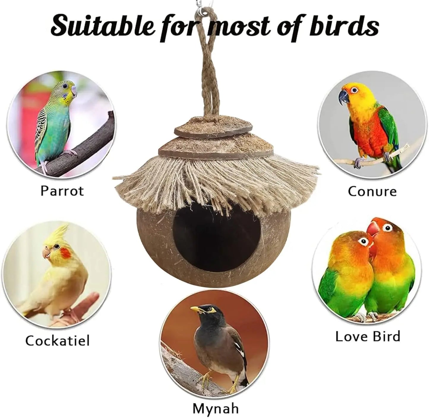 Coconut skin with rings, natural coconut fiber hanging birdcage, parrot coconut shell breeding house