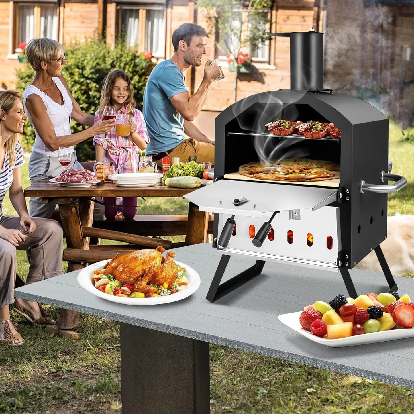 Outdoor Pizza Oven Wood Fired 2-Layer Pizza Maker with Pizza Stone Pizza Peel Removable Cooking Rack Waterproof Cover Folding Le
