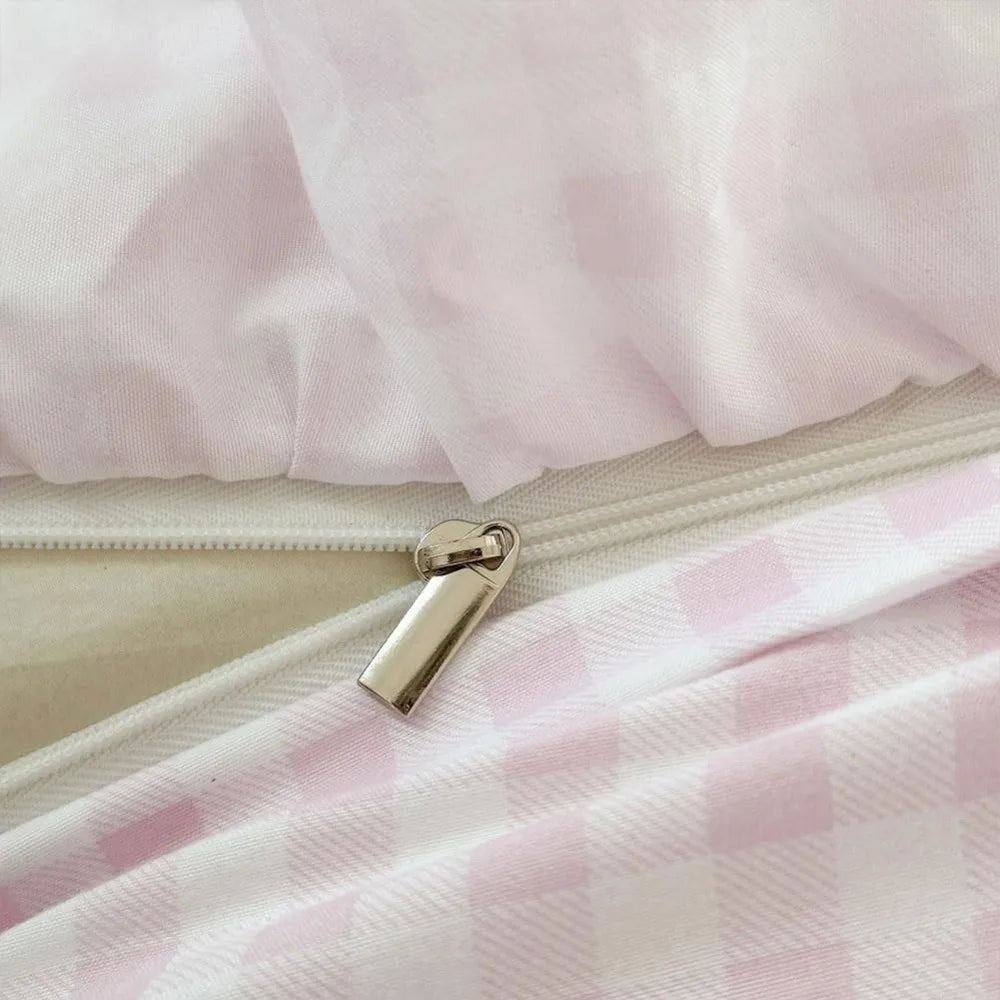 Queen Size Pink Gingham Ruffle Duvet Cover Set, 3-Piece Soft Pre-Washed Microfiber Plaid Comforter Cover