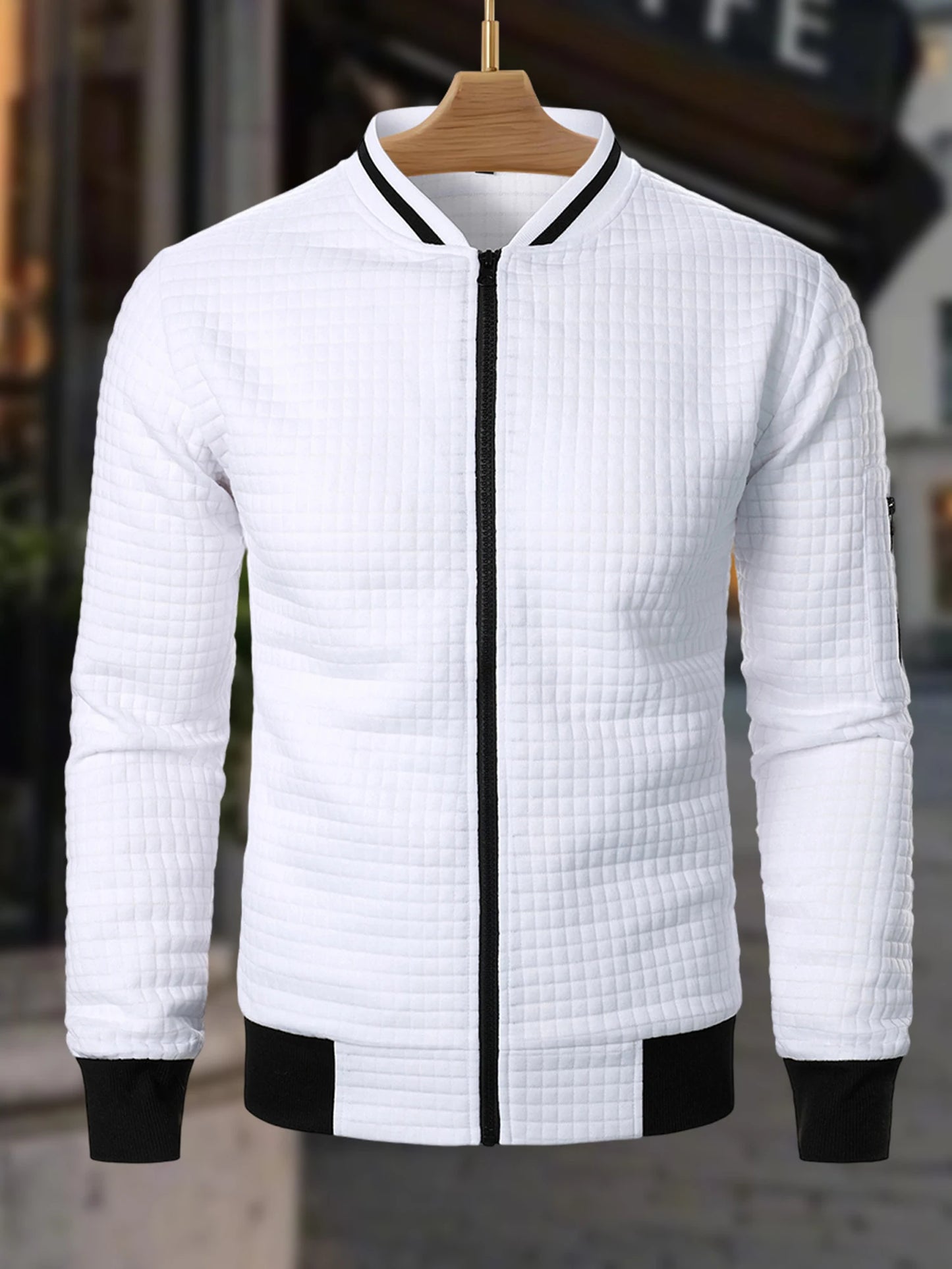 Men s Casual  Fit Zipper Up Lightweight Stand Collar Jacket Spring Fall Coat with Contrast Color Detail