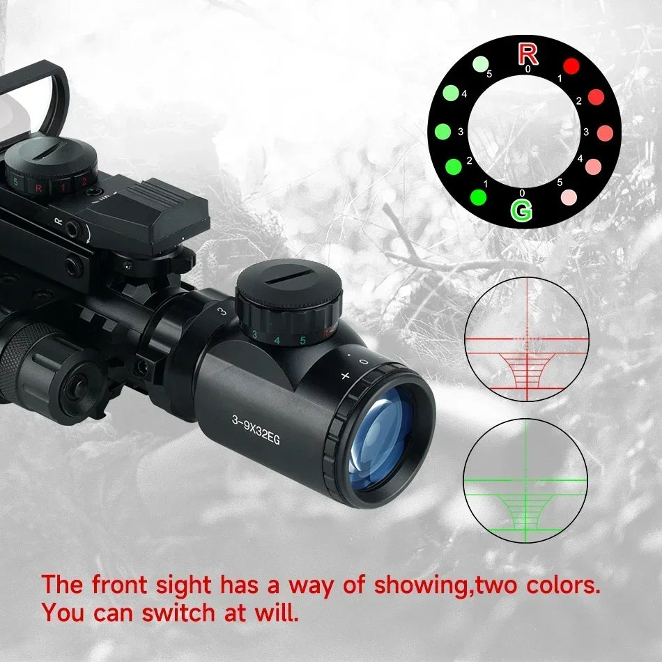 Tactical 3-9X32EG Riflescope Laser Red Dot 3 in 1 Combo Optic Sight Red Green Illuminated Reflex 4 Reticle Hunting Scope