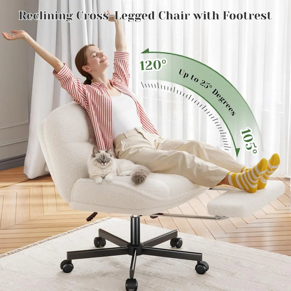 Cross Legged Office Chair with Foot Rest, 6.3" Thick Cushioned Criss Cross Chair with Wheels, Height Adjustable Swivel Vanity