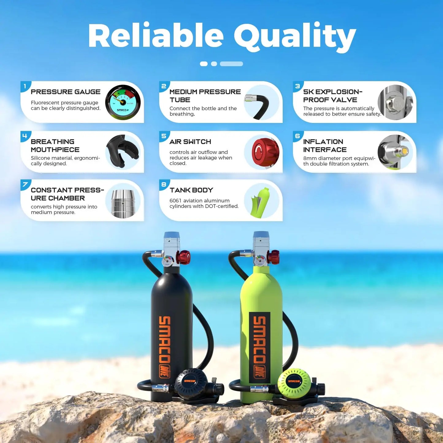 SMACO Portable Scuba Tank Kit 1L Capacity, 15-20 Minute Air Dive Time Lung Tank