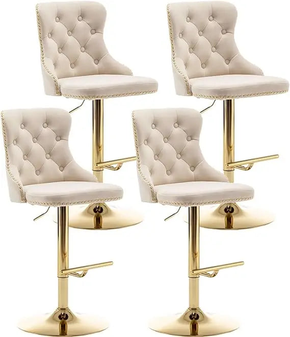 Velvet Bar Stools Set of 4, Counter Height Bar Stools with Button & Nailheads Trim, Gold Swivel Bar Stools for Kitchen Island, B