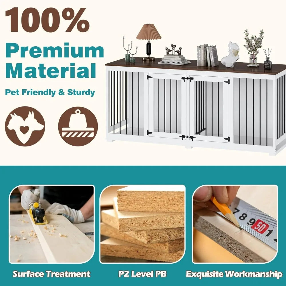 70.9" Large Double Dog Crate Furniture, Wooden Dog Kennel House with Divider & 2 Trays, for Large or 2 Medium Breeds Indoor