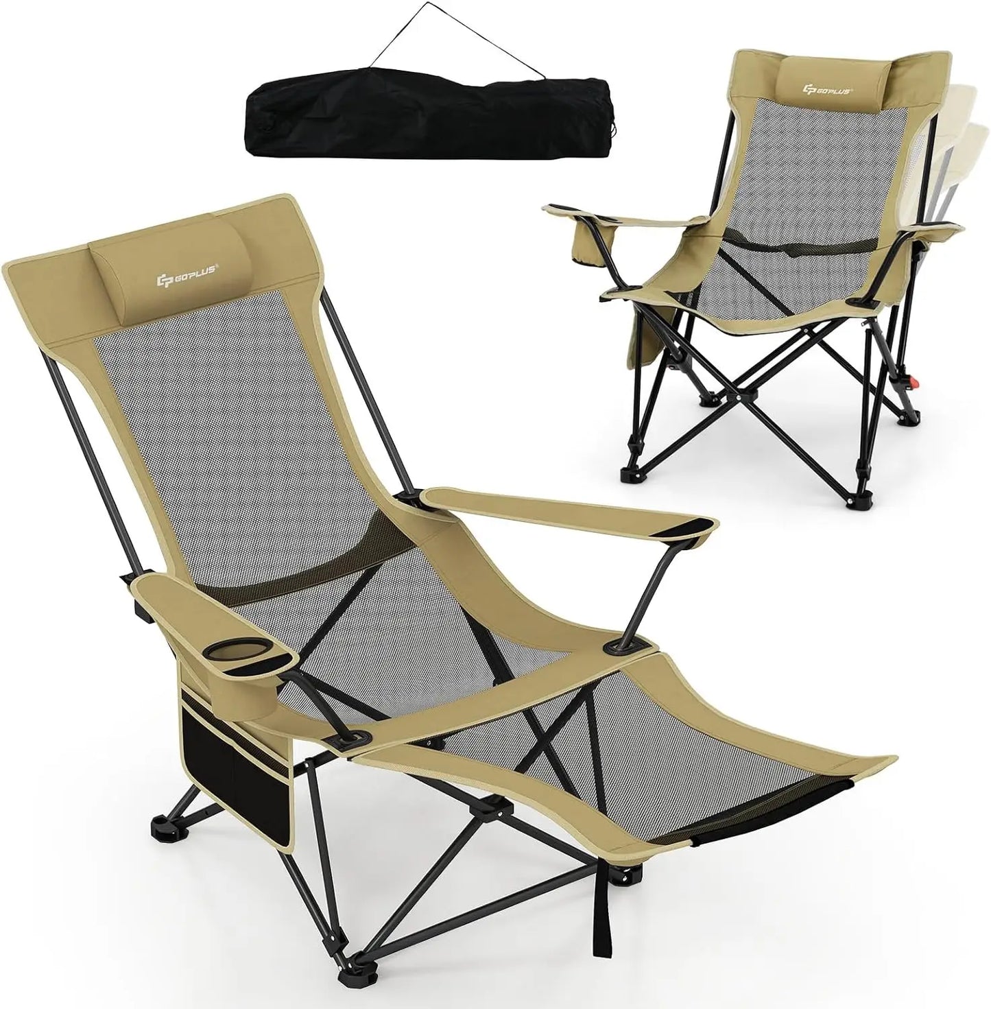 Camping Lounge Chair w/Detachable Footrest, Folding Beach Chair w/4-position Backrest, Carrying Bag, Removable Pillow,Cup Holder