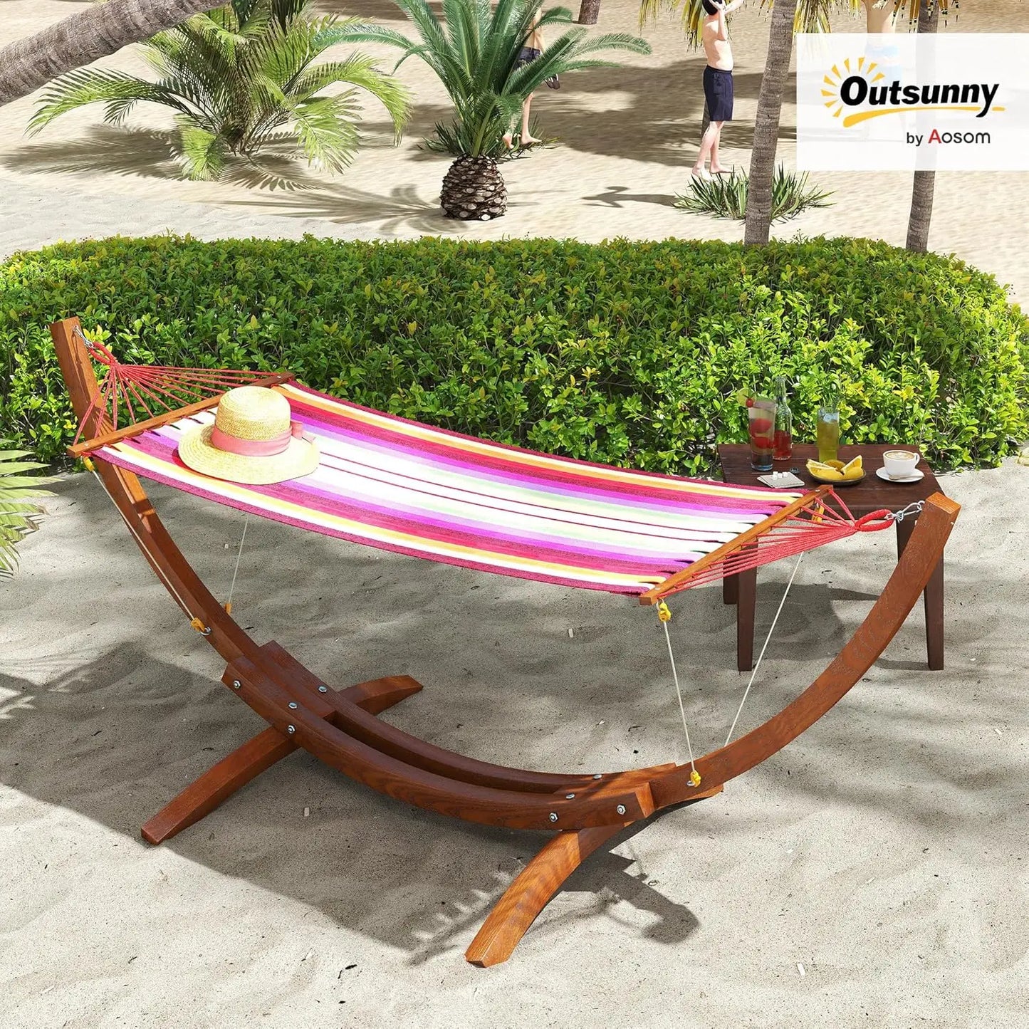 10' Wood Outdoor Hammock, Hammock with Stand Rainbow Bed, Heavy Duty Roman Arc Hammock for Single Person for Patio Backyard