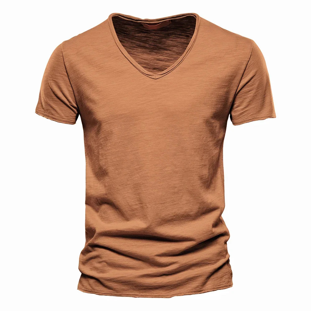Brand Quality 100% Cotton Men T-shirt V-neck Fashion Design Slim Fit Soild T-shirts Male Tops Tees Short Sleeve T Shirt For Men