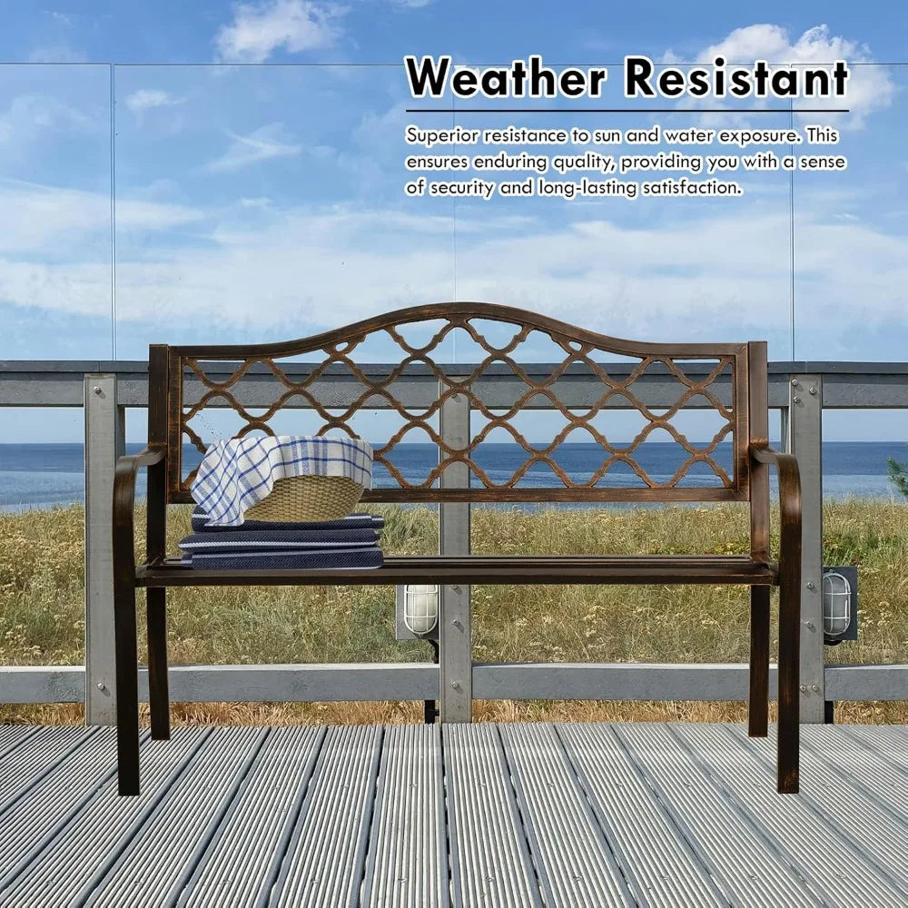 Outdoor Metal Bench, Outdoor Garden Bench with Decorative Backrest, Ideal Outdoor Patio Bench for Yard Porch Lawn & Park - Durab