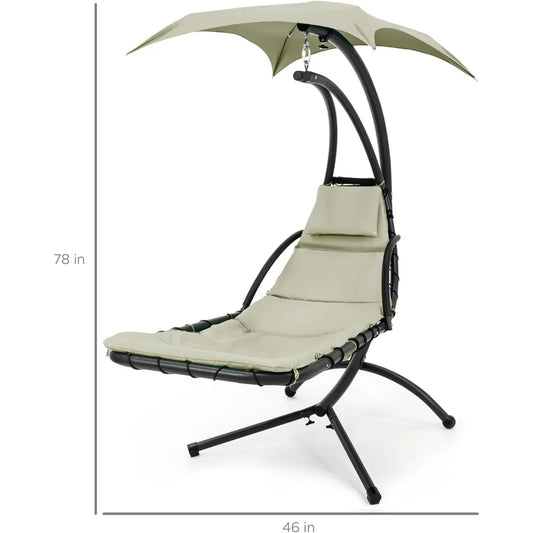 Curved Outdoor Steel Swing Lounge Chair with Pillow and Detachable Canopy in Sage