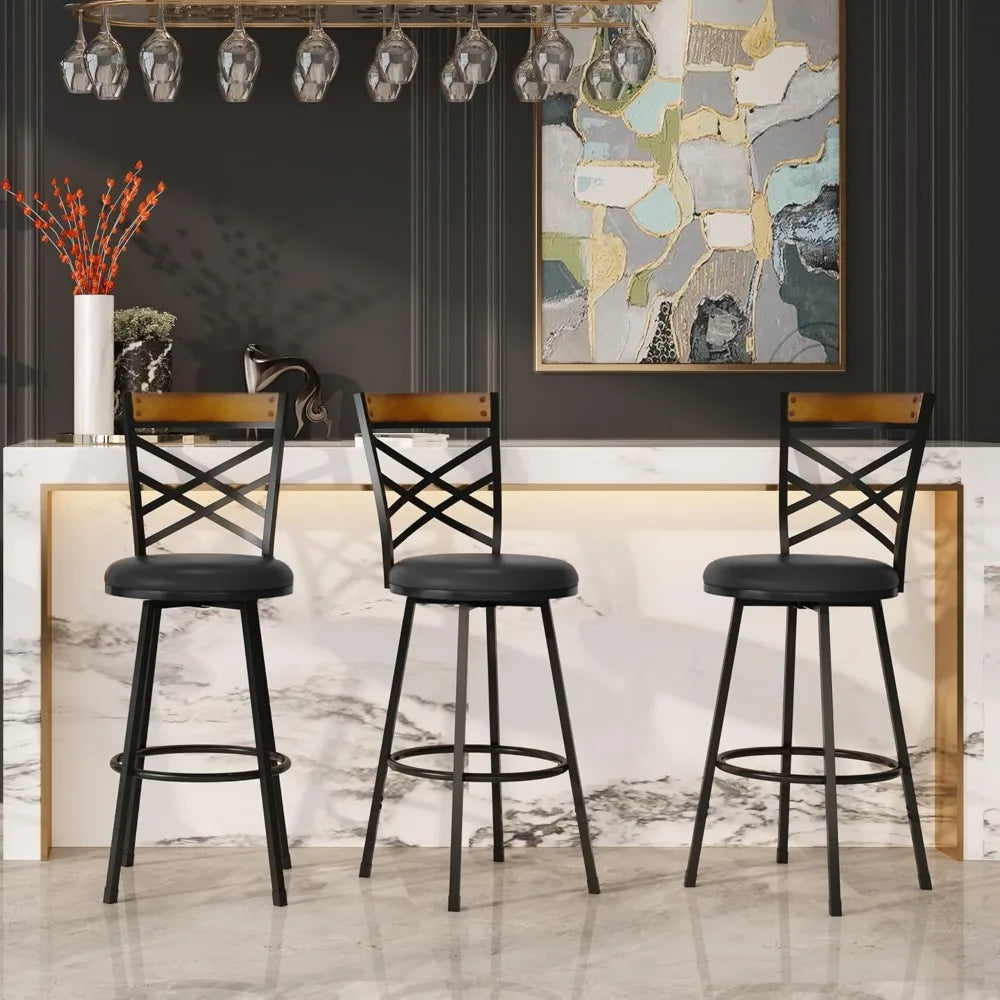 Black Bar Stools Set of 2 - Rustic Wood & Metal Swivel Barstools with Curved Backrest, 360° Rotation, Adjustable Height Dining