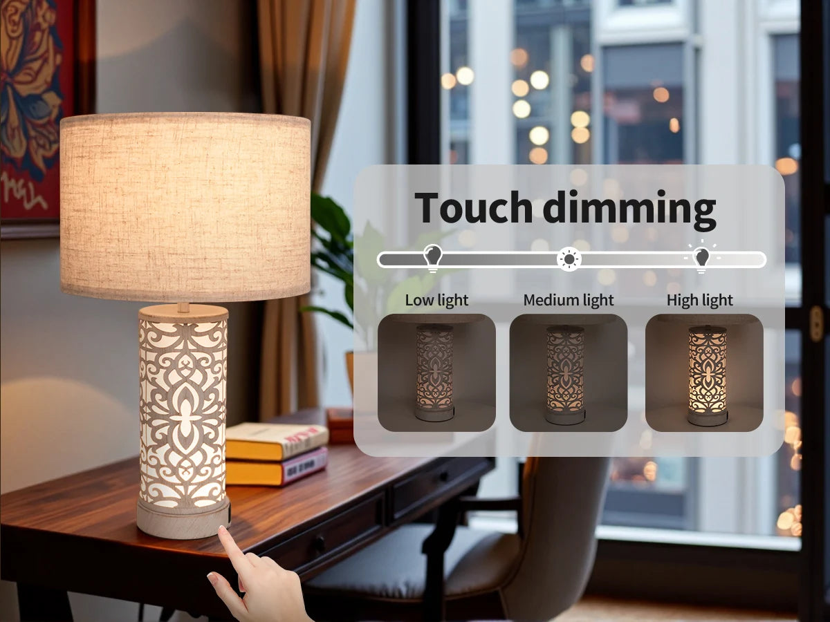 Retro Farmhouse Table Lamp with Multi-Function and Dimmable, Two Packs + 2 USB Ports with Night Light for Living Room, Bedroom and Bedside Table Study, Including Bulb