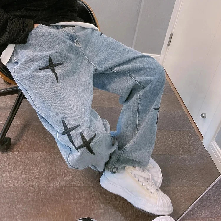 New Baggy Men's Jeans Embroidery Fashion Loose Denim Pants Streetwear Hip Hop Straight Wide Leg Trousers Casual Men Clothing