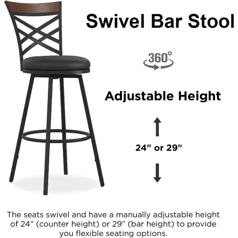 Black Bar Stools Set of 2 - Rustic Wood & Metal Swivel Barstools with Curved Backrest, 360° Rotation, Adjustable Height Dining