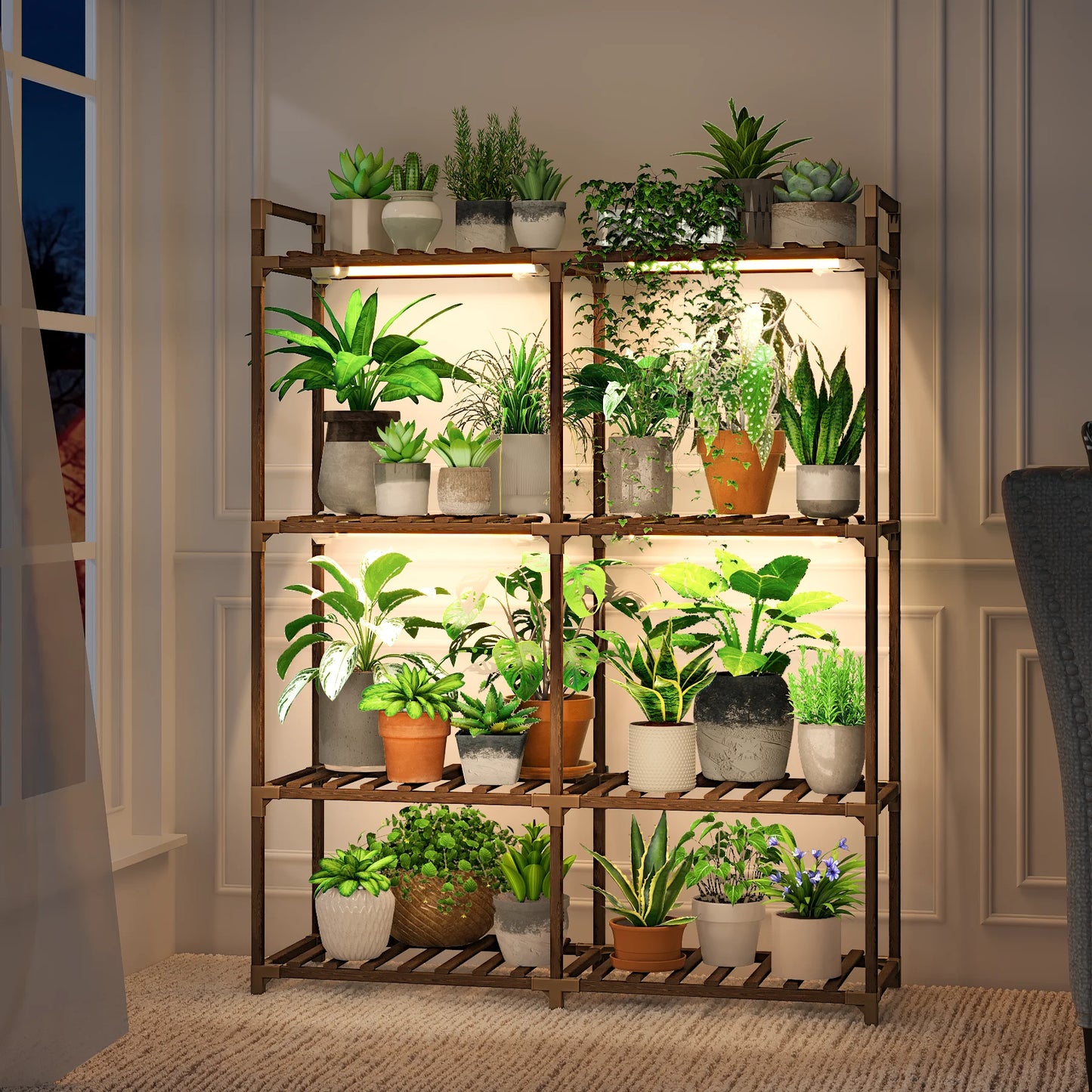 Bamworld Large Plant Stand with Grow Lights for Indoor Plants 4 Tier Wood Plant Shelf Flower Stand for Patio Living Room Balcony