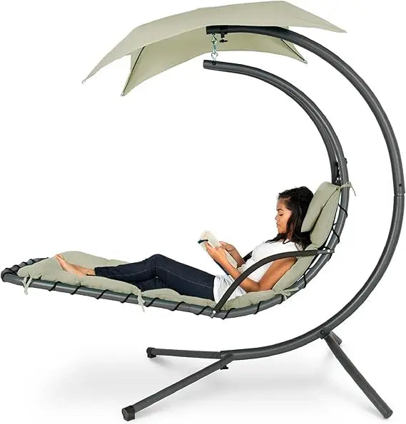 Curved Outdoor Steel Swing Lounge Chair with Pillow and Detachable Canopy in Sage