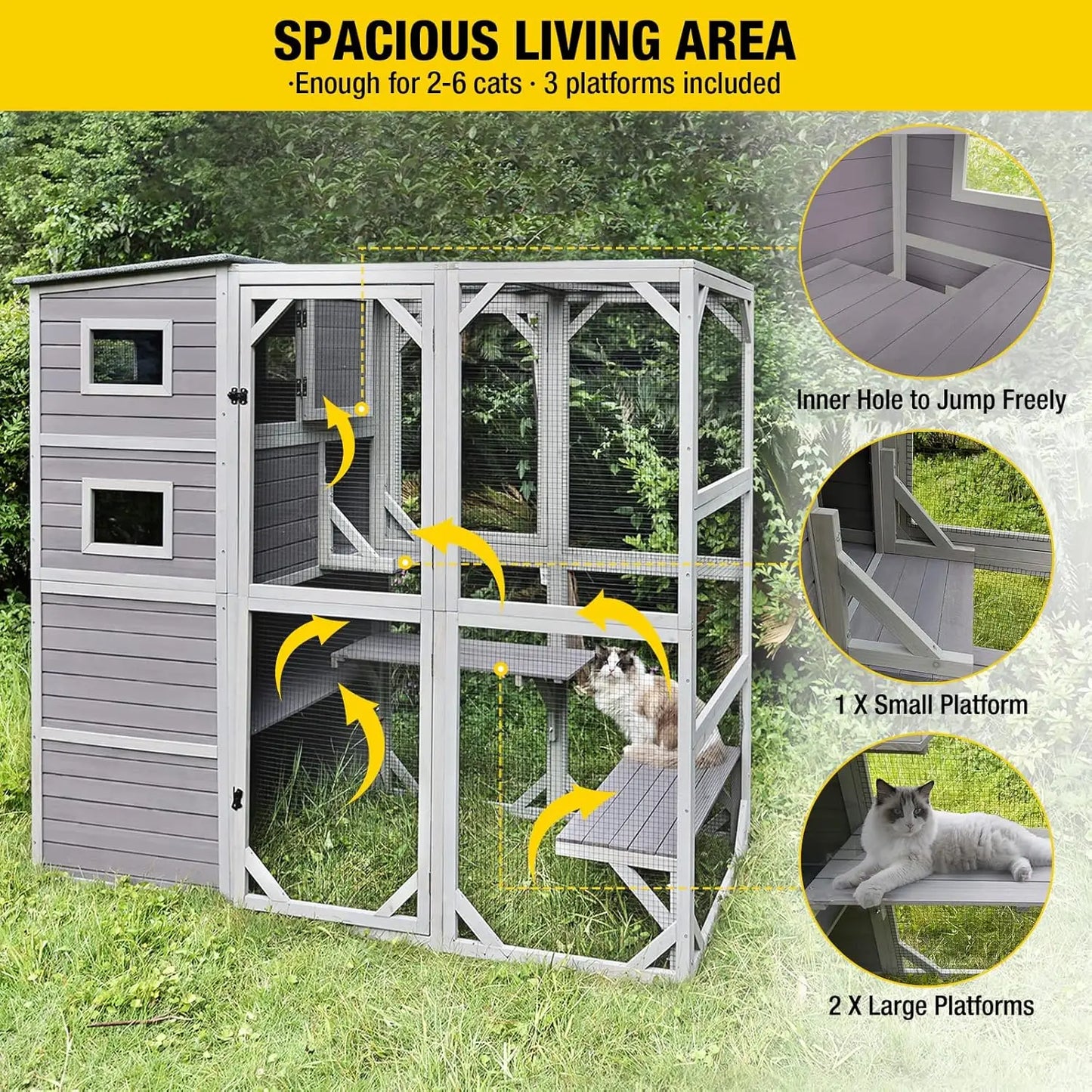 Large Cat Catio 4 Tiers Cat Enclosures House for Outdoor Indoor Cats with Weatherproof Roof,  5 Windows 70" H 77" L