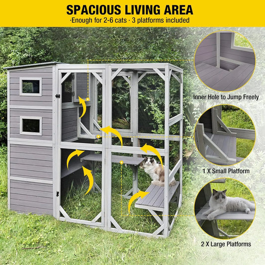 Large Cat Catio 4 Tiers Cat Enclosures House for Outdoor Indoor Cats with Weatherproof Roof,  5 Windows 70" H 77" L