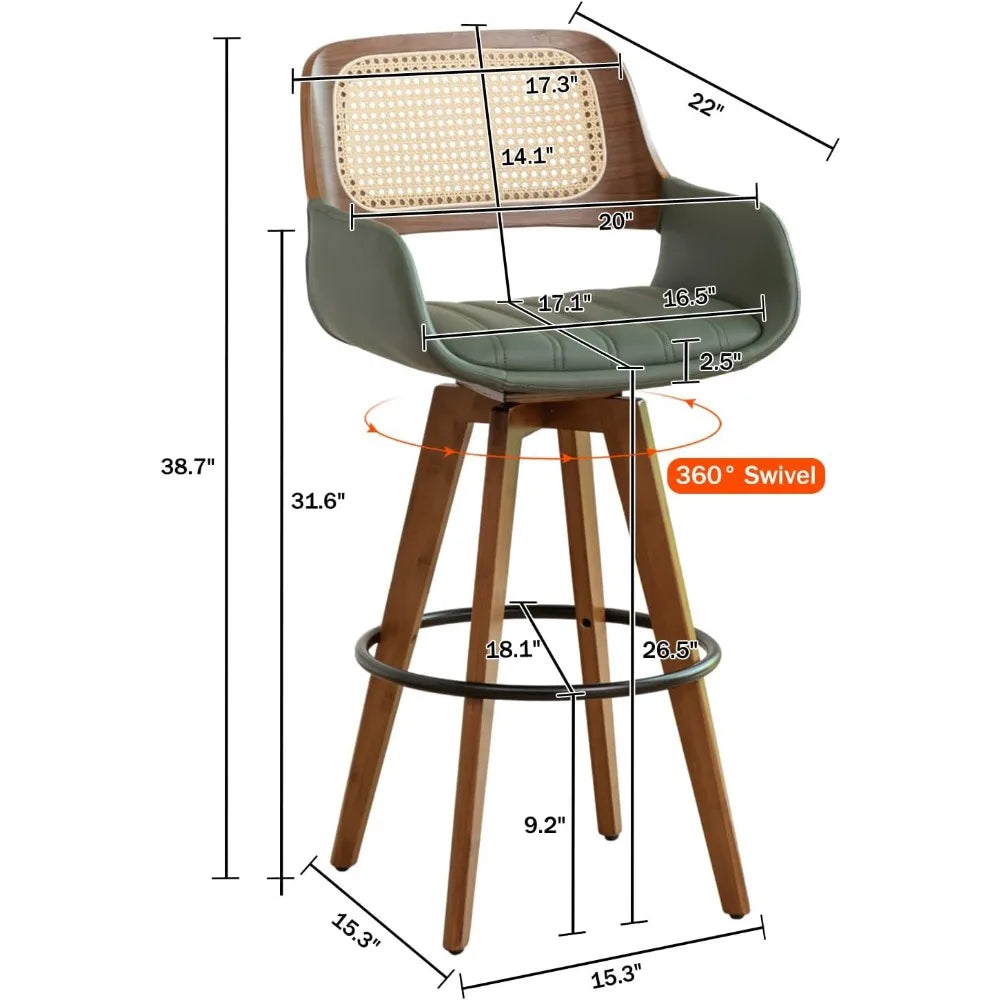 Counter Stools Rattan Swivel Counter Height Bar Stools with Cane Back, Upholstered Seat, Faux Leather Upholstered Furniture