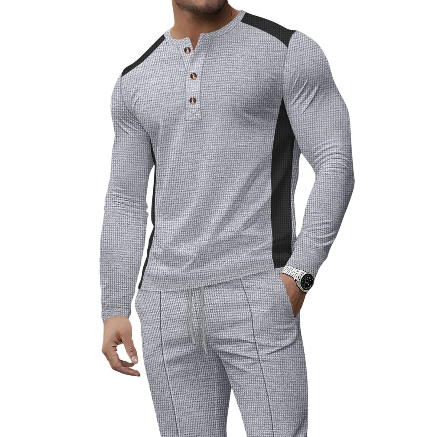 Men s Casual  Fit Long Sleeve Henley T-Shirt Button Up Contrast Color Tops Spring Autumn Fashion Pullover Shirt