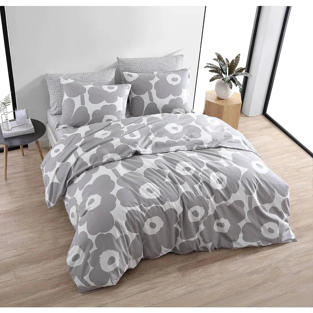 Cotton Queen Duvet Cover Set with Matching Pillow Shams and Button Closure, Suitable for All Seasons Home Decor, Grey Floral Pat