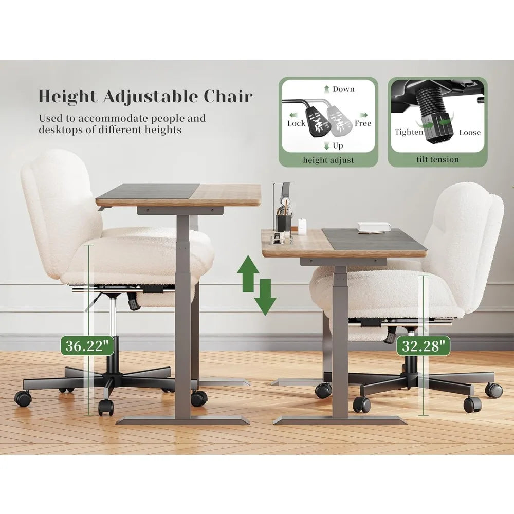 Cross Legged Office Chair with Foot Rest, 6.3" Thick Cushioned Criss Cross Chair with Wheels, Height Adjustable Swivel Vanity