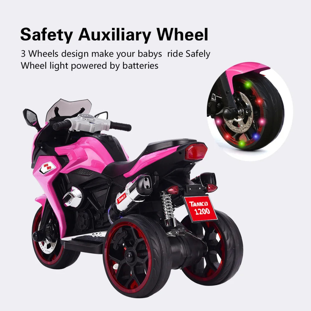 12V Kids Electric Motorcycle Ride On 3-Wheel Battery-Powered Rechargeable Toy Colorful LED Light-Up Wheels Boys Girls Fun Gift