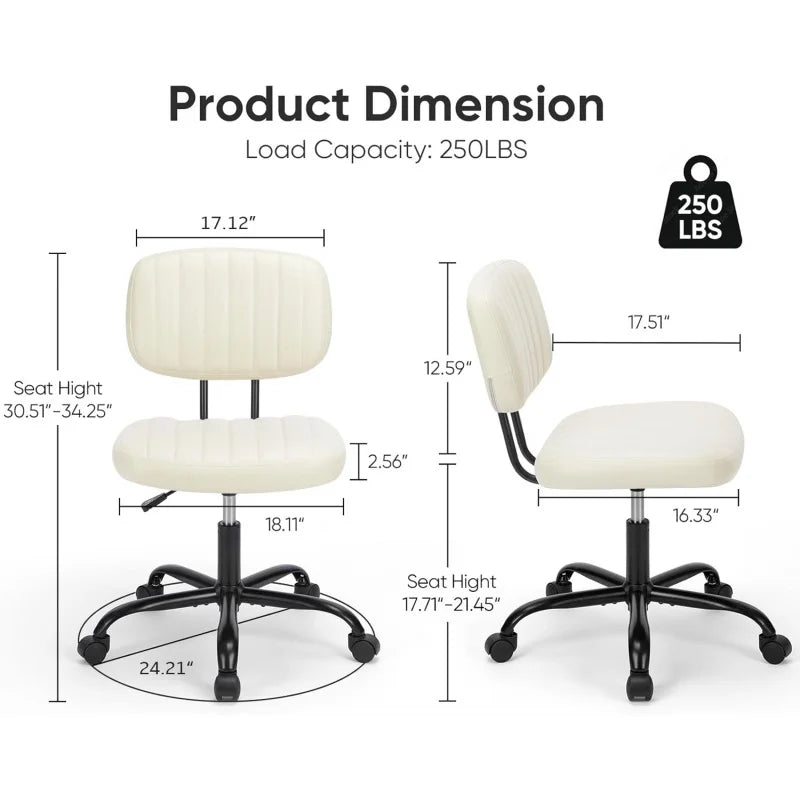 Armless Home Office Desk Chair -Small Ergonomic with Low Back Lumbar Support, Task with 360° Swivel Rolling Wheels
