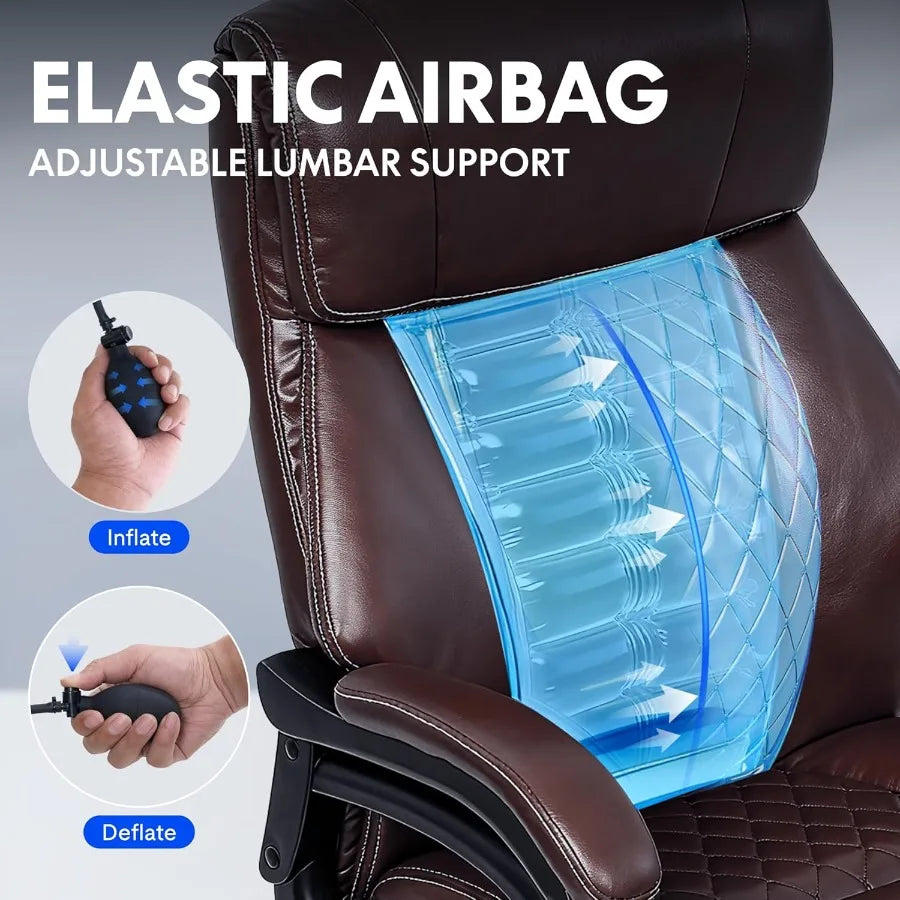 500LBS Big and Tall Office Chair Leather Brown Wide Big Seat Cushion High Back Ergonomic Chair with Adjustable Lumbar Support C