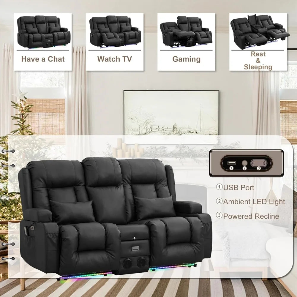 Power Loveseat Recliner Sofa Home Theater Seating with Console Electric Recliner RV Sofa with USB And Outlets Massage And Heat