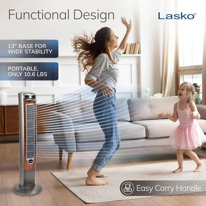 Lasko Oscillating Tower Fan with Remote, Quiet Floor Fans for Bedroom, 42", Woodgrain and Grey, T42954