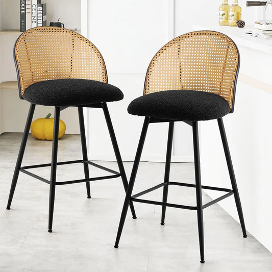 Counter Height Bar Stools Set of 2, 360° Swivel Upholstered Barstools with Rattan Full Back & Metal Legs, PU Leather 26" Mid