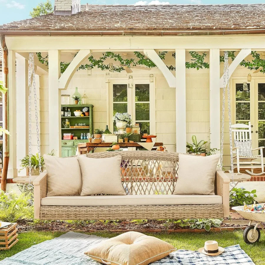 3Person Wicker Porch Swing with Upgraded Cup Holder 55 Inch Patio Hanging Swing Bench Chair with Cushions 900lbs Capacity Chain