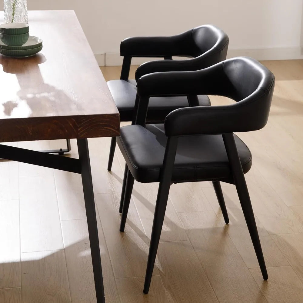 Leather Dining Chairs Set of 2 with Black Metal Legs, Mid Century Modern Kitchen Chairs with Curved Backrest