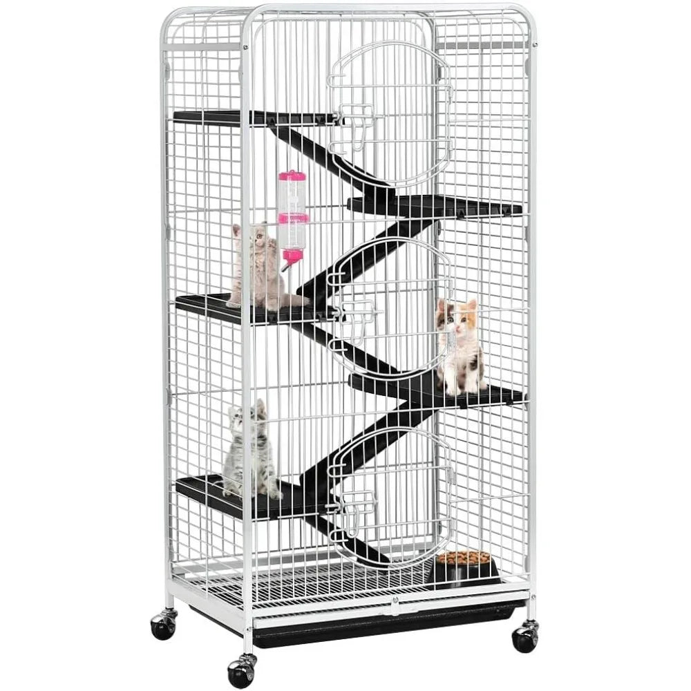 Large Rolling Cat Kitten Cage 6-Tier 52" Metal Kitten House for Ferret Chinchilla Rabbit Squirrels w/ 3 Front Doors