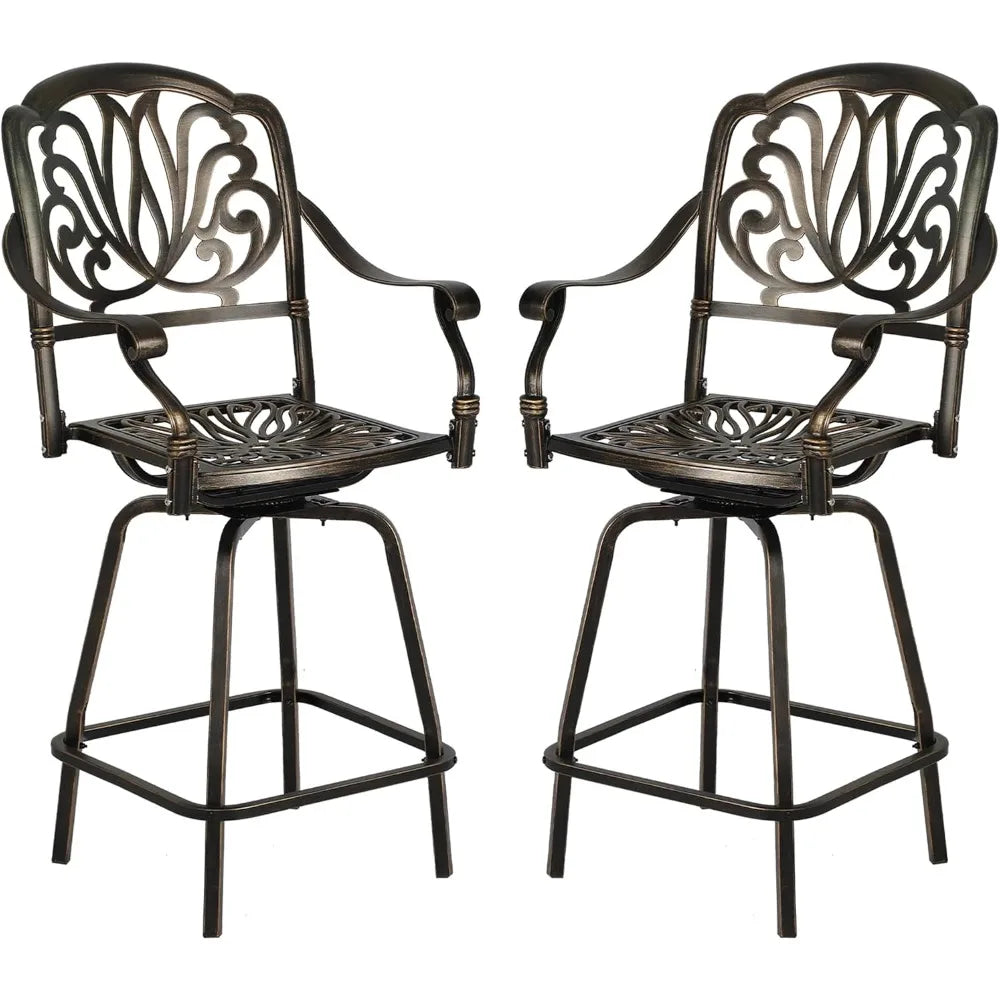 Outdoor Cast Aluminum Swivel Bar Stools Set of 2, Patio Height Bartools Chairs, 2 Piece Patio High Dining Bistro Chairs