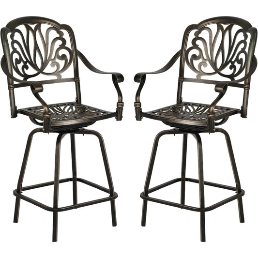 Outdoor Cast Aluminum Swivel Bar Stools Set of 2, Patio Height Bartools Chairs, 2 Piece Patio High Dining Bistro Chairs